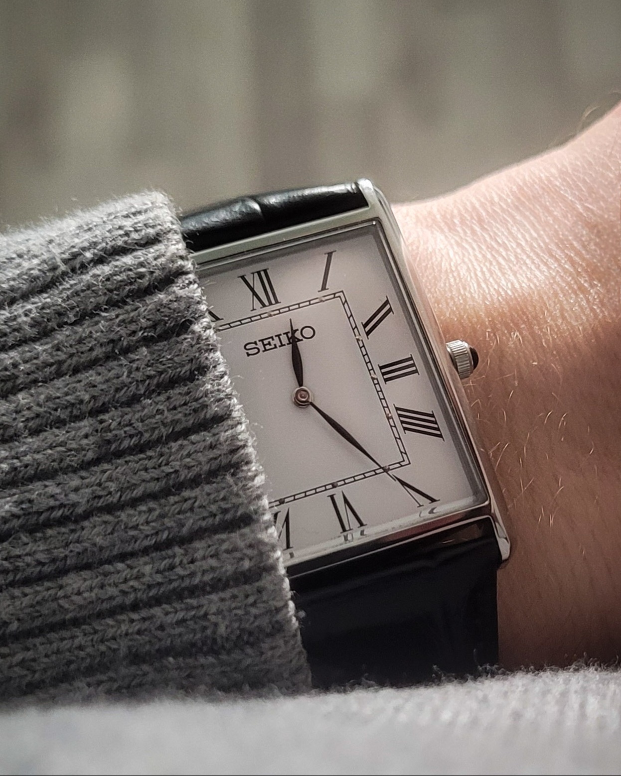 Wrist shot of the Seiko Tank watch