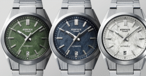 Casio Edifice EFK-100D-2A, 3A, and 7A mechanical watches side by side