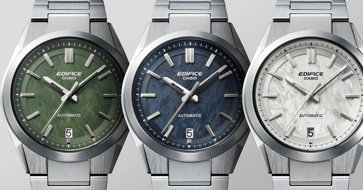 Casio Edifice EFK-100D-2A, 3A, and 7A mechanical watches side by side