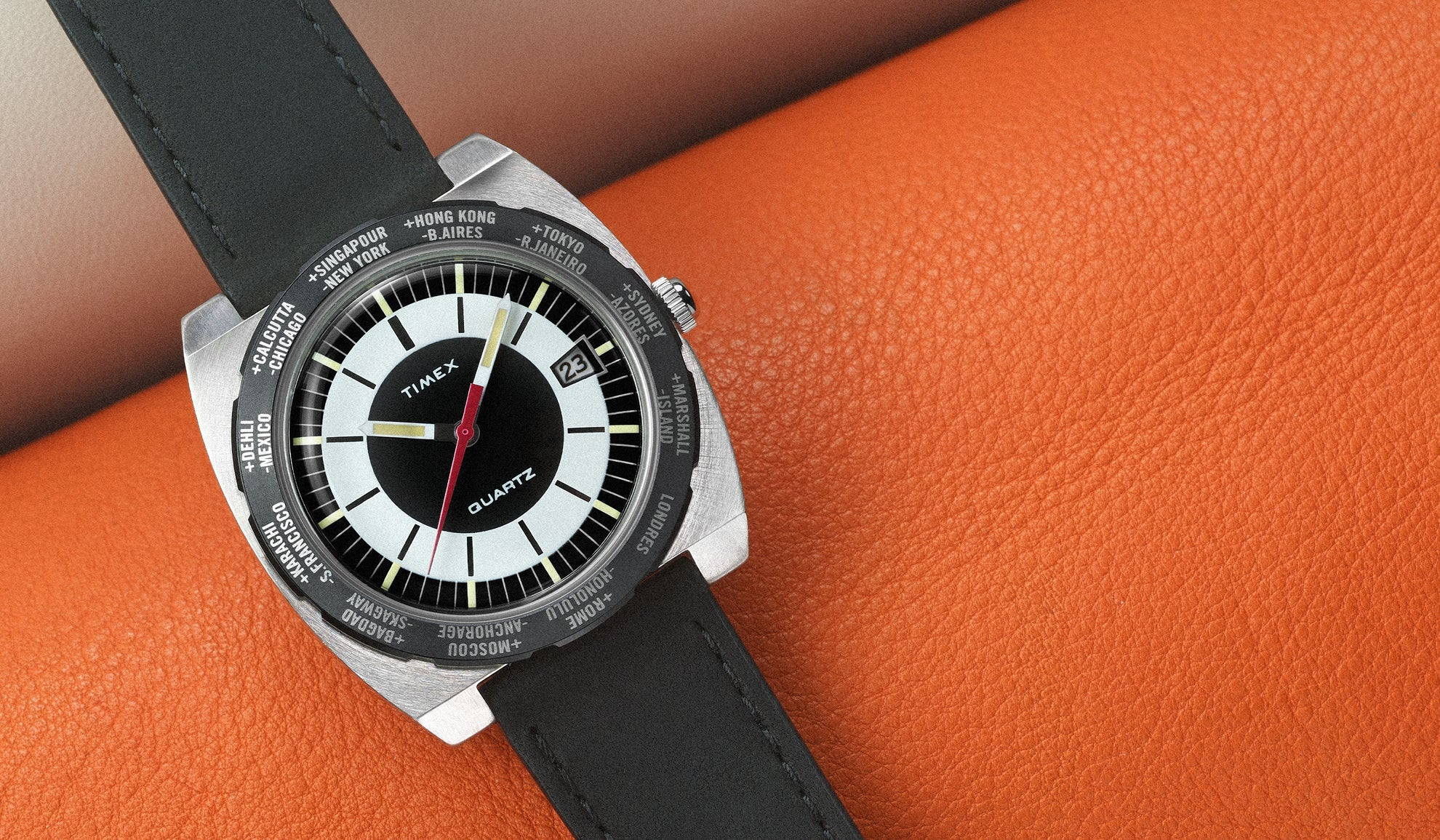 Q Timex 1972 World Time 39mm Leather Strap Watch