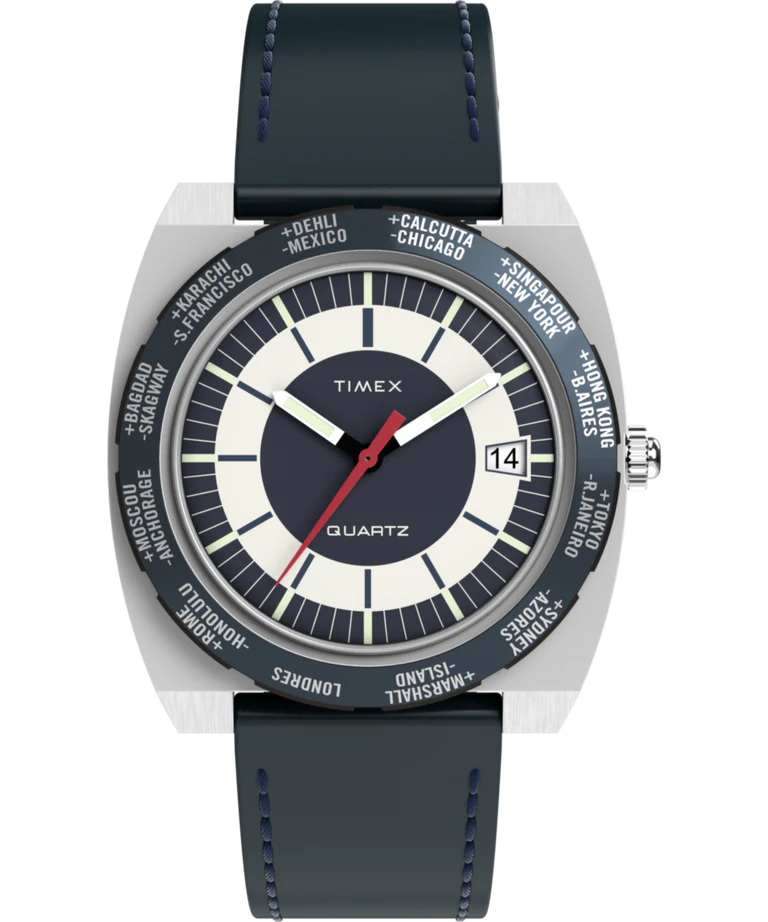 Q Timex 1972 World Time 39mm Leather Strap Watch
