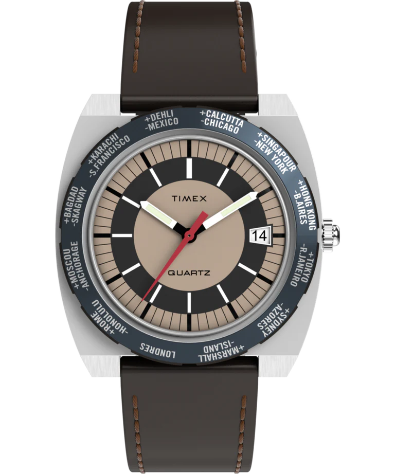 Q Timex 1972 World Time 39mm Leather Strap Watch