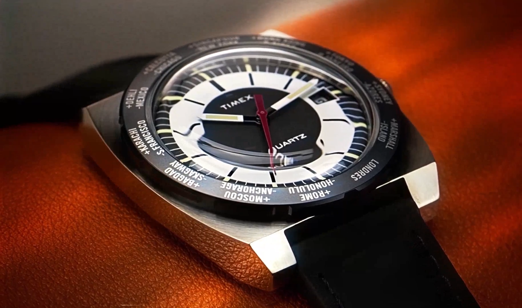 Q Timex 1972 World Time 39mm Leather Strap Watch