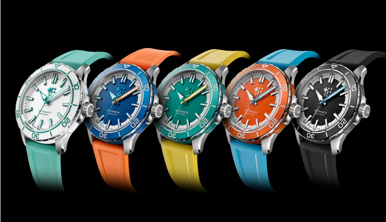 Own the summer with the new Christopher Ward C60 Trident Reef dive watch. Five tropical colours inspired by endangered coral reefs. Five interchangeable rubber straps. And a multi-layered case construction that delivers comfort, lightness – and even more colour.