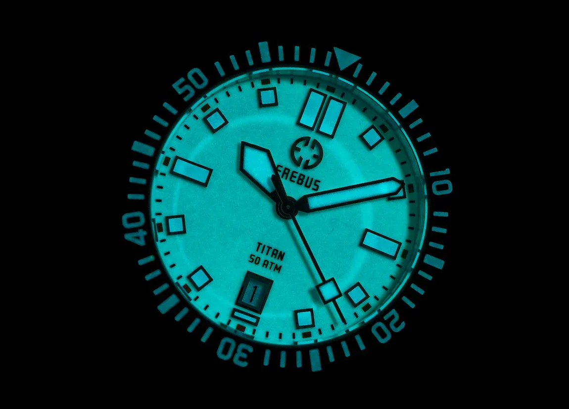 Erebus TITAN White Full Lume dial glowing in the dark