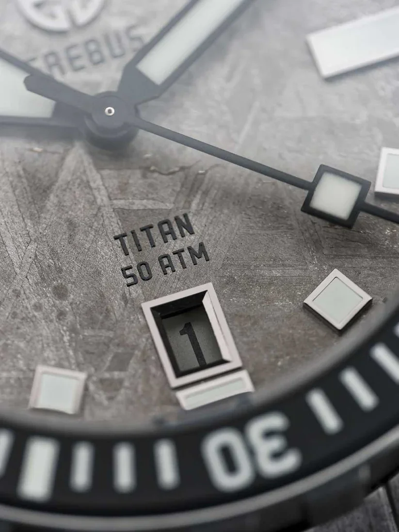 Erebus Titan dive watch with meteorite dial and black bezel