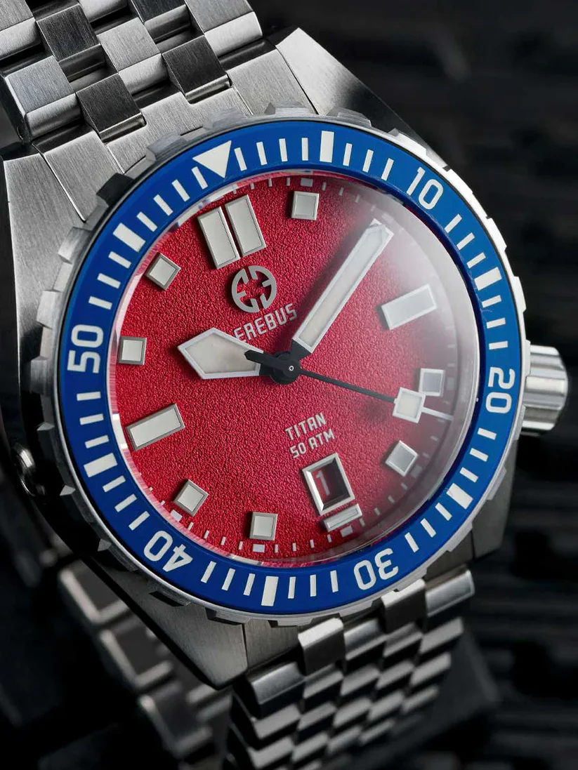 Erebus TITAN Red dial and blue bezel dive watch