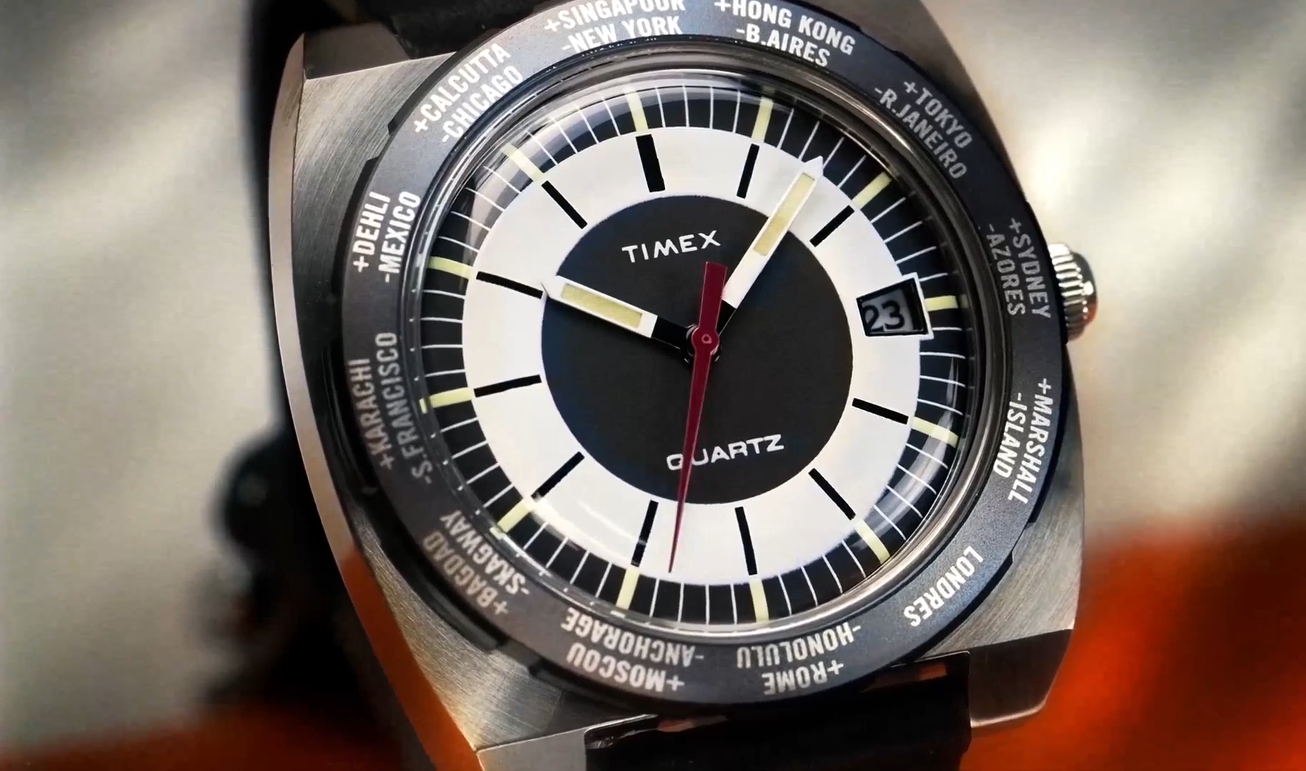 Q Timex 1972 World Time 39mm Leather Strap Watch