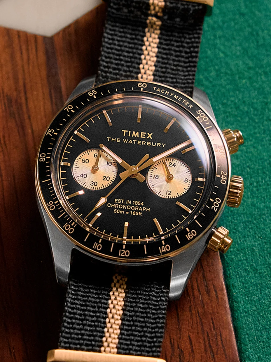 Timex Waterbury Heritage Chronograph 39mm TW2Y35400 – Black and Gold