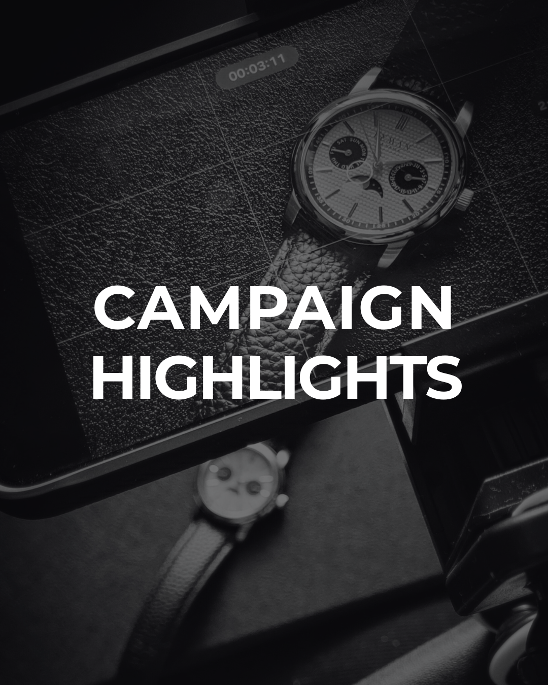 Behind-the-scenes shot of a moonphase watch on black leather background, with smartphone on tripod filming it