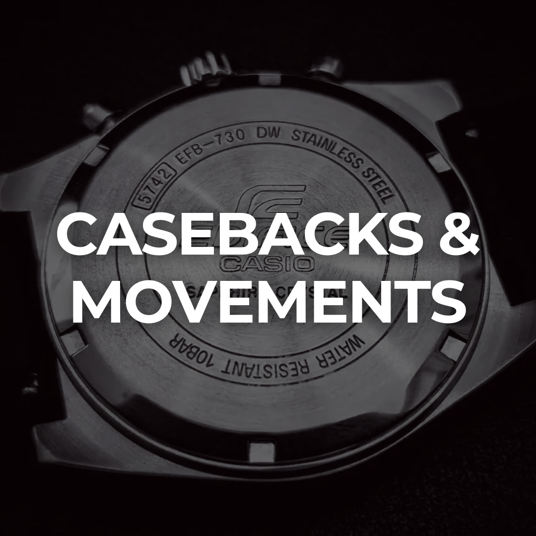 Close-up of engraved watch caseback with brushed finish — watch photography
