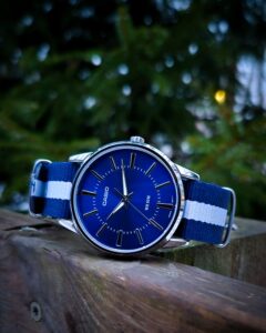 Casio MTP-1303PD-2AVEG in nature on a wooden fence against a pine tree