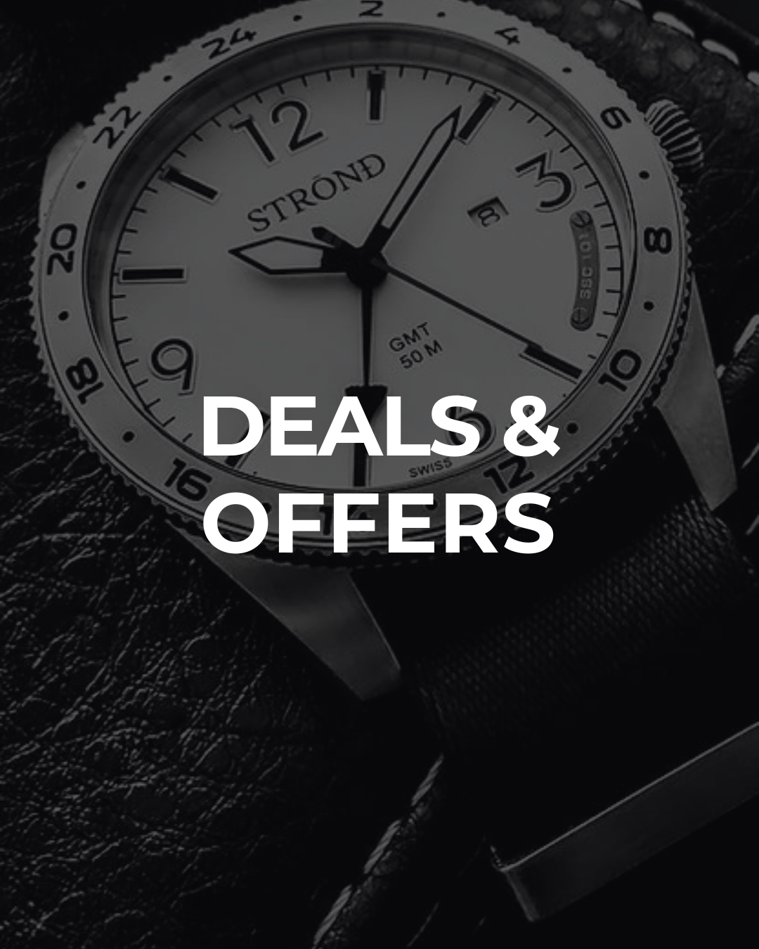 White dial wristwatch on leather case, representing watch discounts and special offers