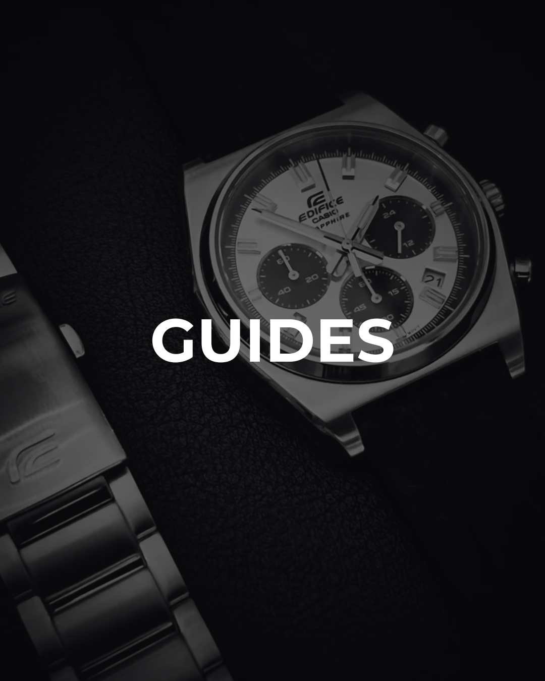 Two stainless steel watches side-by-side on dark leather, illustrating watch buying and care guides