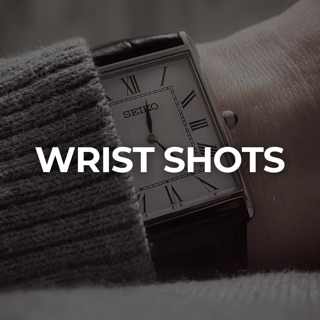 Seiko rectangular dress watch worn on wrist — wrist shot watch photography