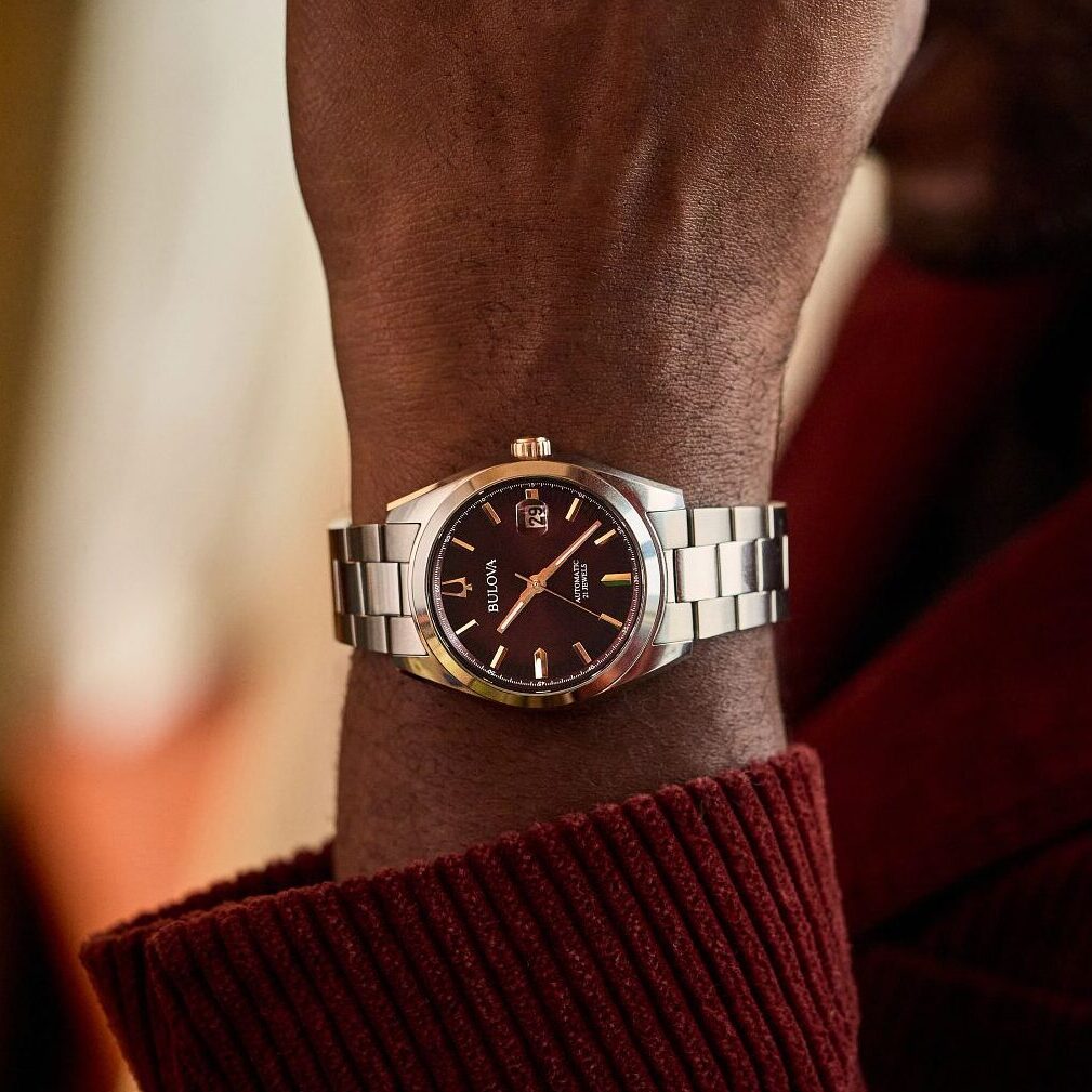 Bulova Surveyor Burgandy on the wrist
